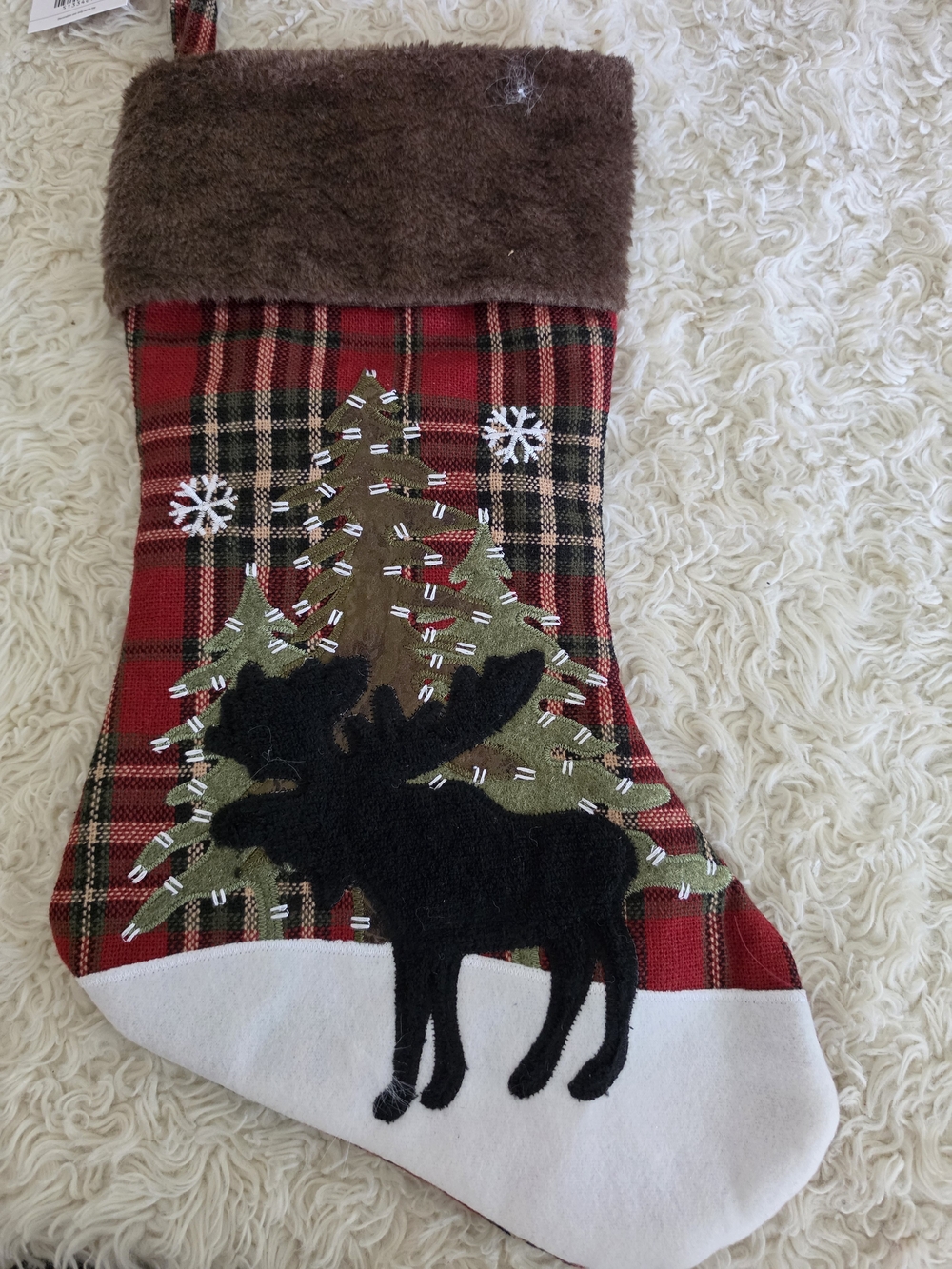 Plaid Moose Holiday Stocking with Brown Cuff